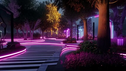 Aufkleber - Colorful illuminated path in a park at night featuring vibrant light installations and lush trees