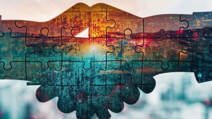 Leinwandbilder - Partnership formation between professionals during sunset over a city skyline promotes collaboration and mutual growth in the business sector