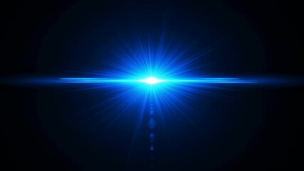 Poster - Abstract blue bright light burst with optical lens flare on horizontal line at center. Digital background. Alpha channel footage.