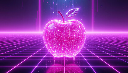 Poster - A pink apple with a glowing, wireframe design sits at the center of a digital grid. Neon lights and patterns create a vibrant, futuristic atmosphere surrounding the fruit