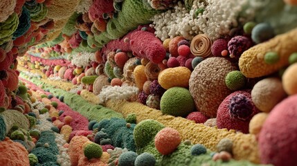 Poster - An intricate display of bacteria and microorganisms reveals a vibrant and colorful biological landscape, showcasing diverse shapes and sizes in a microscopic environment.