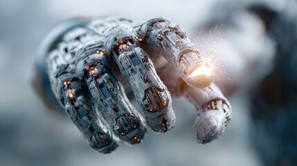 Poster - A detailed robotic hand reaches forward, showcasing advanced mechanics and glowing elements, set against a modern, high-tech backdrop filled with soft lighting.