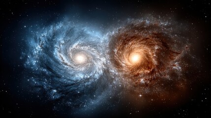 Wall Mural - two swirling galaxies can be seen merging, showcasing vibrant blue and orange hues. this cosmic inte