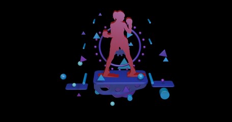 Poster - Red boxer girl symbol on a pedestal of abstract geometric shapes floating in the air. Abstract concept art with flying shapes in the center. 3d illustration on black background