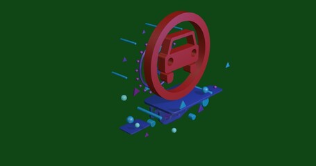 Poster - Red no car sign on a pedestal of abstract geometric shapes floating in the air. Abstract concept art with flying shapes in the center. 3d illustration on green background