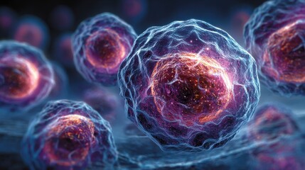 Poster - Cells are depicted in a vivid display of colors and intricate details, showcasing their dynamic nature in a microscopic setting. The visual captures the complexity of life at a cellular level.