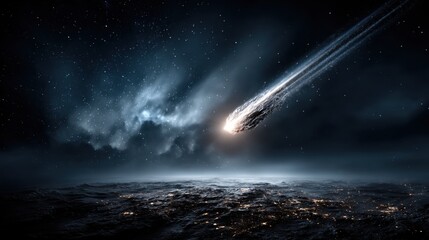 Wall Mural - a luminous comet traverses the dark night sky above a planet, illuminating clouds and surface featur