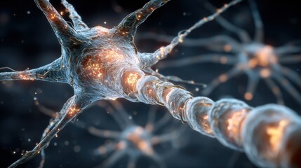 Poster - A close-up view of a neuron highlights its structure and synaptic activity, revealing glowing connections in a dark, scientific environment, emphasizing the complexity of neural pathways.