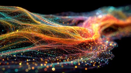 Poster - Vivid and intricate wave patterns of color flow gracefully through a dark space, creating an ethereal atmosphere filled with glowing particles that shimmer and dance.