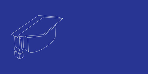 Poster - The outline of a large square academic cap symbol made of white lines on the left. 3D view of the object in perspective. Vector illustration on indigo background