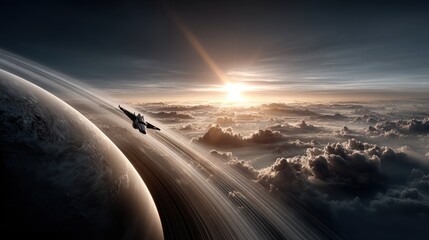 Poster - A spacecraft navigates through the atmosphere of a remote planet, surrounded by stunning rings and illuminated by a brilliant sunset. Clouds fill the scene, enhancing the surreal landscape.