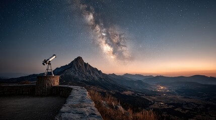 Wall Mural - A telescope stands on a stone platform, gazing at the Milky Way galaxy stretching across the night sky, with mountains silhouetted against the fading twilight.