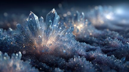 Poster - Unique crystal formations emerge from a textured surface, reflecting soft light in various shades. This enchanting scene evokes a sense of wonder and tranquility in a magical, otherworldly setting.