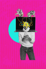 Aufkleber - Banner sketch poster trend art collage image of happy girl head laptop hand manipulation enter password hacking system spy