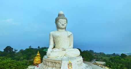 Wall Mural - aerial photography scenery blue sky and blue ocean behind Phuket white big Buddha.
Fog cover Phuket white big Buddha is the famous landmark in Phuket.
Aerial panoramic view landscape Phuket 