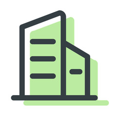 Poster - Illustration of two stylized buildings with green fill and dark outline on a white background