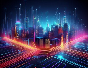 Poster - a vibrant rendering of a glowing smart city at night