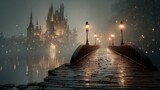 A stone bridge leads to a distant castle in the magical misty landscape.