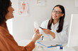 © Home-stock - Woman doctor showing female patient pills bottle, pointing at jar, specialist prescribing treatment, painkiller or vitamins. Pharmaceutical drug prescription concept