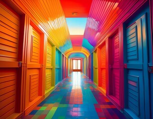 Poster - brightly colored hallway leading to window