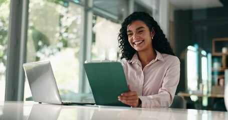 Poster - Business, thinking and woman in workplace, tablet and laptop with creativity for magazine. Editor, employee and journalist in office, tech or research for article, news report or approval for funding
