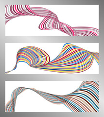 Poster - Wavy lines or ribbons. Set of 3 backgrounds. Multicolored striped gradient. Creative unusual background with abstract gradient wave lines to create a trendy banner, poster. vector eps