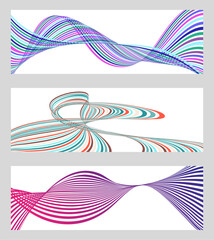 Poster - Wavy lines or ribbons. Set of 3 backgrounds. Multicolored striped gradient. Creative unusual background with abstract gradient wave lines to create a trendy banner, poster. vector eps