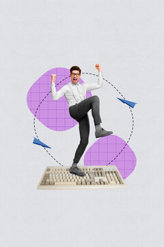 Contemporary artwork collage of happy businesswoman businessman stand keypad wireless device freelancer tool desktop qwerty