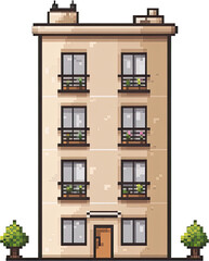 Poster - Pixelated beige apartment building with small trees.