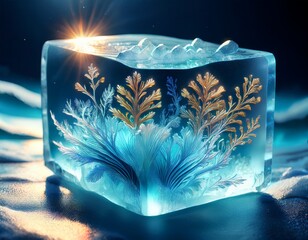 Aufkleber - a captivating ice cube displaying underwater life with sunlit waves and intricate plant life showcasing the harmony of nature encased in ice