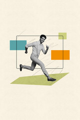 Poster - Creative artwork collage of young manager guy run fast aim on pastel color background