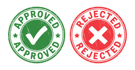 Poster - Approved and Rejected Stamp Icons with Grunge Texture Green Check Mark and Red Cross Isolated on White Background Vector Illustration