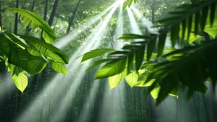 Poster - Sunlit Forest: Sunbeams cascade through the lush canopy, illuminating the verdant leaves and creating an ethereal ambiance in the depths of a tranquil forest. 