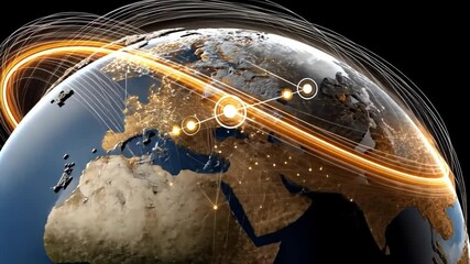 Poster - Global Connections: A captivating view of Earth enshrouded in intricate, flowing lines of light. This image encapsulates the concepts of globalization and interconnectedness.