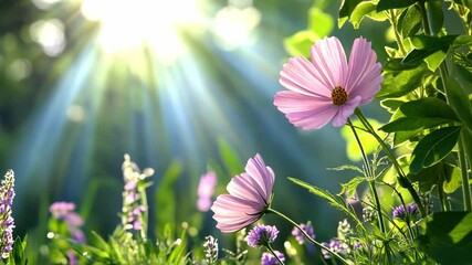 Aufkleber - Cosmos Flowers Embracing Sunlight: Delicate cosmos flowers, kissed by the radiant glow of sunlight, bloom gracefully amidst lush greenery, conveying a sense of peace and renewal.