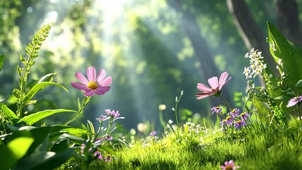 Poster - Serene Sunlight Meadow: An idyllic scene of delicate blooms, vibrant green grass, and sun-dappled forest, creating a tranquil and picturesque display of natural beauty.