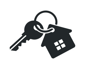 Poster - House Key with House Shaped Keychain Symbol of Real Estate Buying or Renting a Home Isolated on White Background