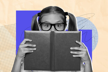 Poster - Trend artwork sketch design montage collage of young girl hand hold book cover face eye watch peek lesson student classroom autumn college