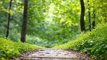 Aufkleber - The Path to Tranquility: A serene forest path, framed by lush green foliage and towering trees, invites viewers to embark on a peaceful journey through nature.