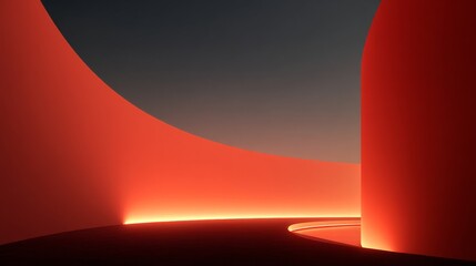 Poster - Minimalist Exploration of Light and Color Through a Red Curved Wall Under a Gradient Sky at Dusk