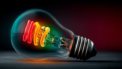 Poster - Vibrant Illumination Dance of Red, Green, Yellow and Blue Glowing Light Bulb Radiates a Captivating Energy in a Darkened Atmosphere, Enhancing Creative Inspirations and Imaginative Thoughts