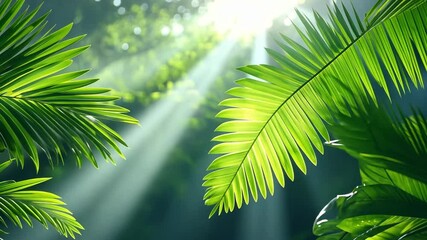 Poster - Sunlit Forest Canopy: Sunlight streams through lush green palm fronds, illuminating a vibrant forest canopy, creating a sense of peace and the serene atmosphere
