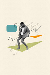Poster - Banner collage of young guy move energetic on pastel color background with geometry figures