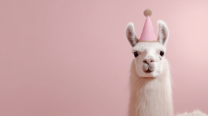 Poster - Joyful Llama in a Light Pink Party Hat Celebrates a Special Birthday With a Minimalist Backdrop of Soft Pastels