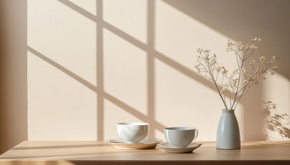 Poster - Morning sunlight shines on a minimalist table setting with white plates, wine glasses, and baby's breath in a vase near a window in a dining room