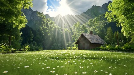 Poster - Serene Cabin in Sunlit Meadow: A picturesque cabin nestled amidst a vibrant, sun-drenched meadow, offering a tranquil escape into nature's embrace.