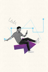 Aufkleber - Creative banner collage of young worker man hold gadget using on white color background with arrows