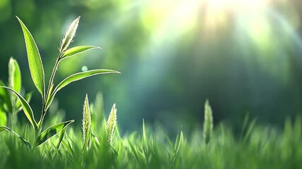 Poster - Nature's Embrace: Sunlight gently bathes a vibrant sprout and the tender blades of grass, creating a luminous display of growth and renewal.