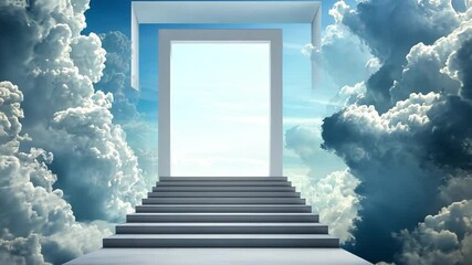 Poster - Stairway to the Sky: A breathtaking image presents a grand stairway ascending towards an open gateway, leading to an ethereal sky filled with fluffy, billowing clouds.