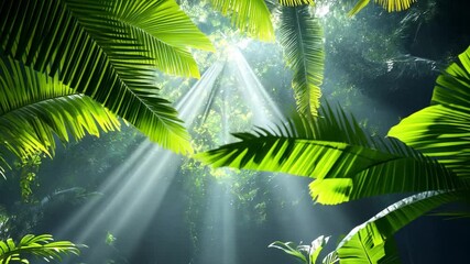 Poster - Sunlit Rainforest Canopy: Gaze upon the vibrant, lush canopy of a tropical rainforest, where beams of sunlight pierce through the dense foliage, creating an ethereal and awe-inspiring scene.